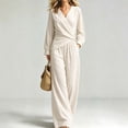 thumbnail image 1 of LEKWK 2 Piece Sets for Women Elegant V Neck Long Sleeve Wrap Top and Wide Leg Pants Casual Matching Sets Vacation Casual Loungewear, 1 of 5