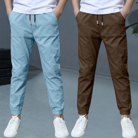 LEKWK 2PC Boys Linen Joggers Youth Drawstring Loose Baggy Sweatpants Elastic Waist School Uniform Track Pants with Pockets Fall Outdoor Hiking Outfits 3-13Y