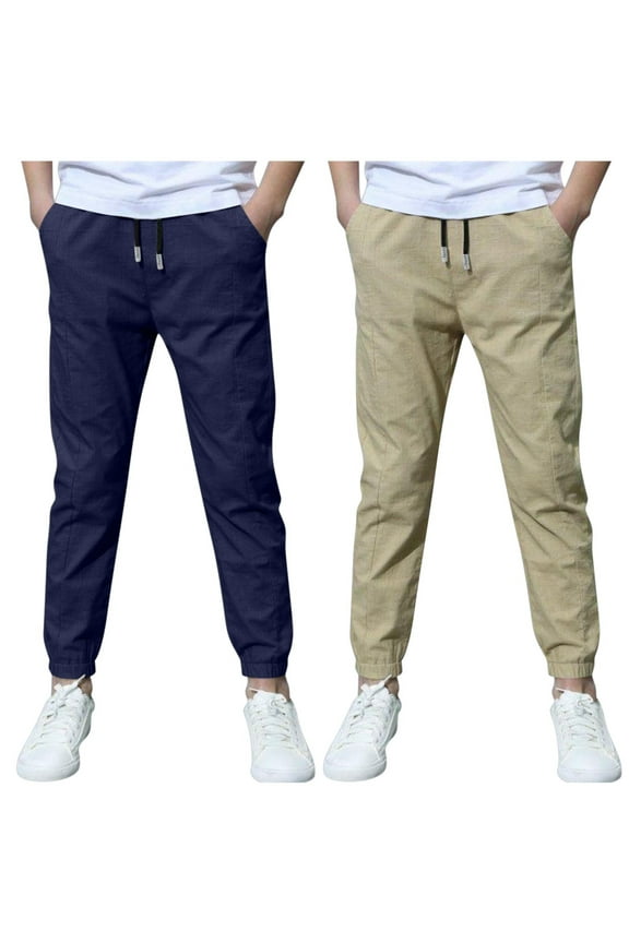 2PC Boys Pants Cotton Linen Texture Trousers Elastic Waist Drawstring Bottoms Soft Breathable Pockets Summer Beach Holiday Casual Daily Wear