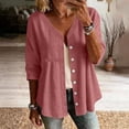 thumbnail image 1 of LEKWK 3/4 Length Sleeve Womens Tops Button Down V Neck Comfy Linen Shirts Loose Fit Skin Friendly Soft Lightweight Casual Tops, 1 of 8