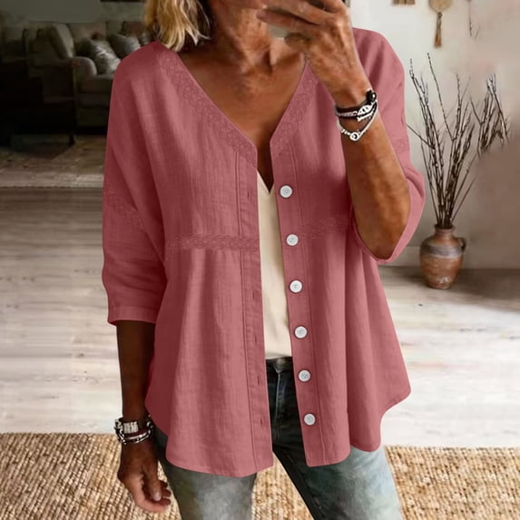 LEKWK 3/4 Length Sleeve Womens Tops Button Down V Neck Comfy Linen Shirts Loose Fit Skin Friendly Soft Lightweight Casual Tops