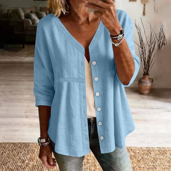 LEKWK 3/4 Length Sleeve Womens Tops Button Down V Neck Comfy Linen Shirts Loose Fit Skin Friendly Soft Lightweight Casual Tops