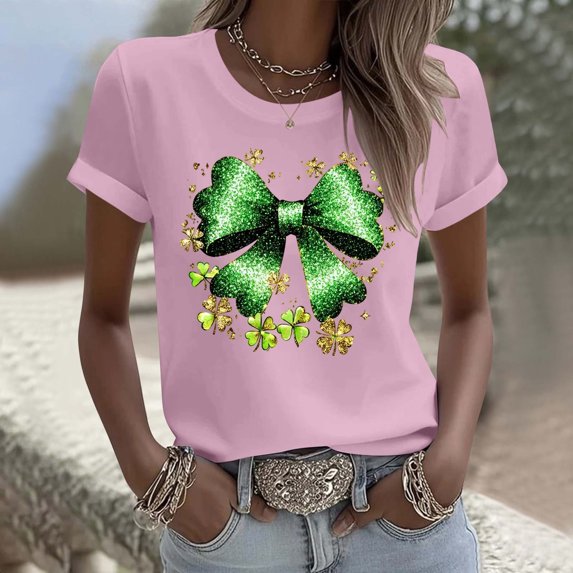 LEKWK 3/4 Length Sleeve Womens Tops Crew Neck 3/4 Sleeve Graphic Tees St Patricks Day Shirt Green Glitter Bow Shamrock Print Festival Outfits