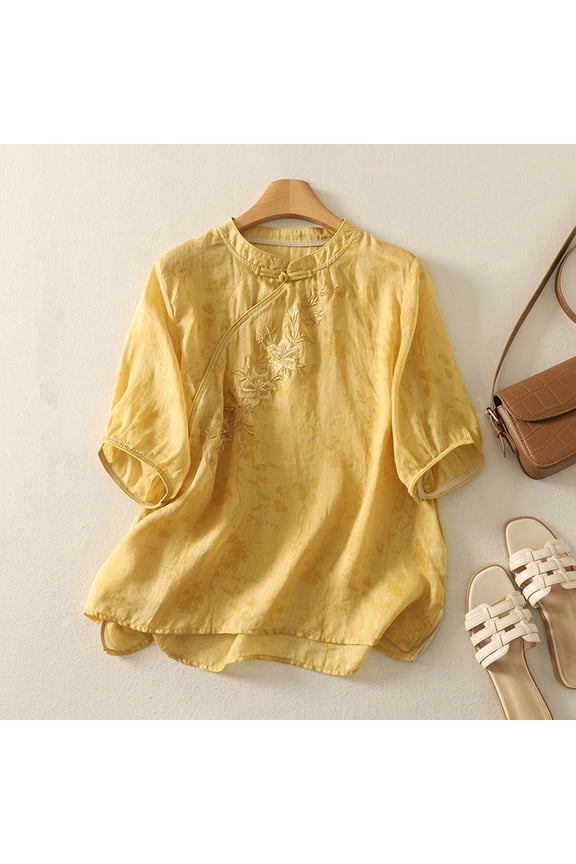 3/4 Length Sleeve Womens Tops Embroidered Flower Pattern Vintage Linen Shirts Loose Fit Chinese Traditional Mandarin Collar Button Summer Shirts
