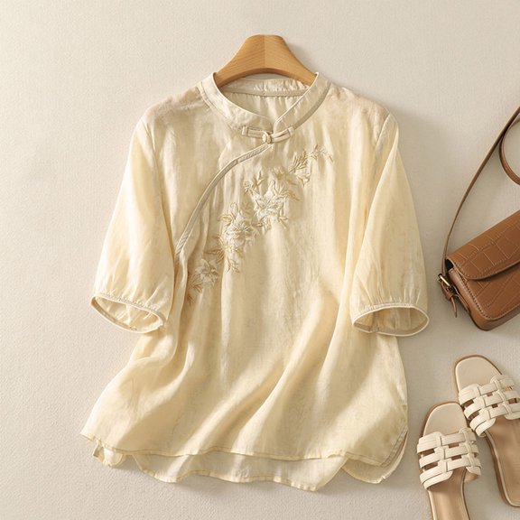LEKWK 3/4 Length Sleeve Womens Tops Embroidered Flower Pattern Vintage Linen Shirts Loose Fit Chinese Traditional Mandarin Collar Button Summer Shirts
