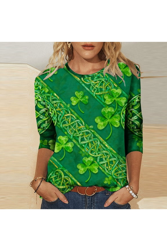 3/4 Length Sleeve Womens Tops Soft Comfy Crewneck Casual Tops Mid Sleeve Graphic Tees Celtic Knot Embroidered Shamrock St. Patrick's Day Wear