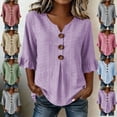 thumbnail image 1 of LEKWK 3/4 Length Sleeve Womens Tops V Neck Button Ruffle Cuff Striped Casual Shirts Lightweight Loose Fit Comfy Summer Tops Fashion Beach Vacation Outfits, 1 of 7