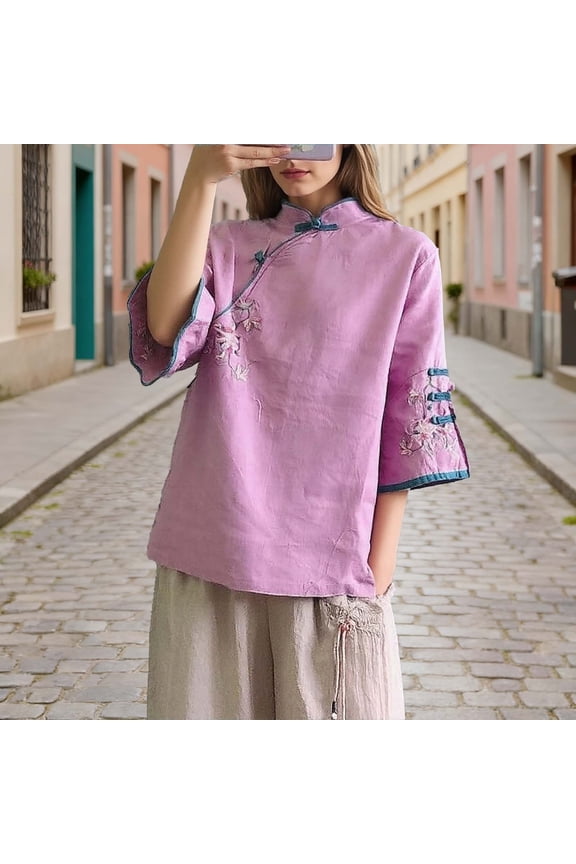 3/4 Sleeve Tops for Women Floral Embroidery Mock Neck Summer Blouses Side Frog Button Dressy Tops Bell Sleeve Cheongsam Style Vintage Holiday Wear