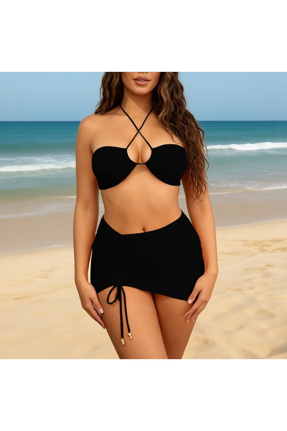 3 Piece Swimsuits for Women Bikini Set with Cover Up Skirt Halter Keyhole Top Ruched Drawstring Bottom Bathing Suit Summer Beach Holiday