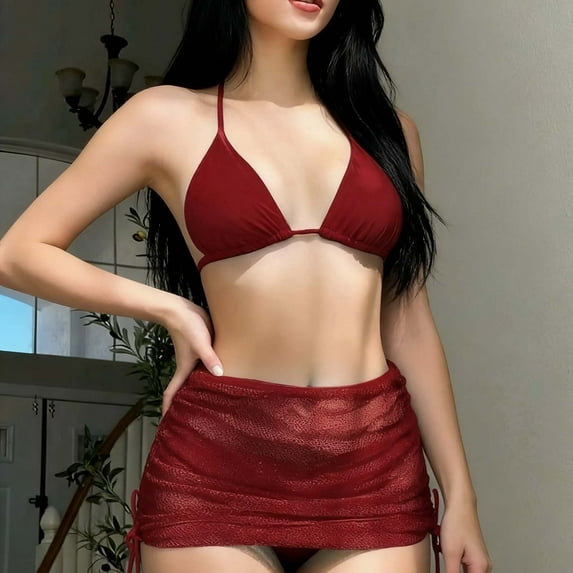 LEKWK 3 Piece Swimsuits for Women Bikini Set with Mesh Cover Up Skirt Halter Triangle Top Ruched Bottom Bathing Suit Summer Beach Tropical Holiday