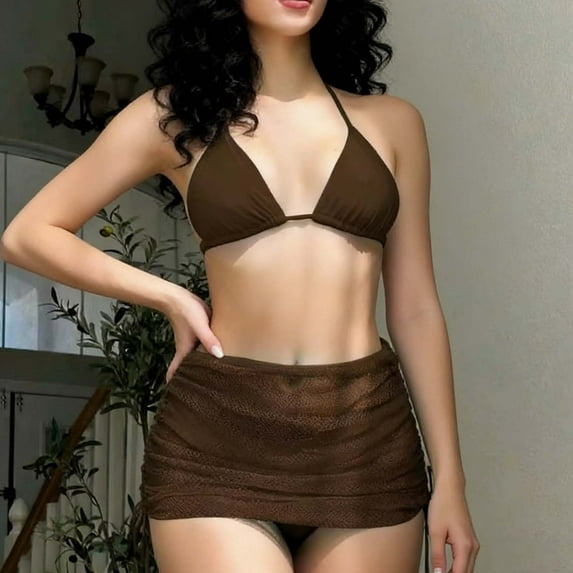 LEKWK 3 Piece Swimsuits for Women Bikini Set with Mesh Cover Up Skirt Halter Triangle Top Ruched Bottom Bathing Suit Summer Beach Tropical Holiday