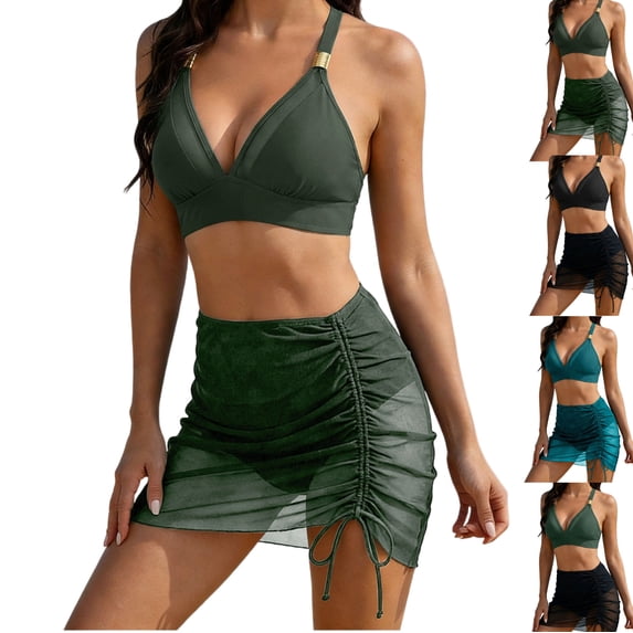 LEKWK 3 Piece Swimsuits for Women Bikini Set with Sheer Mesh Skirt Cover Up High Waisted Bathing Suit Ruched Drawstring Summer Beach Party Outfits
