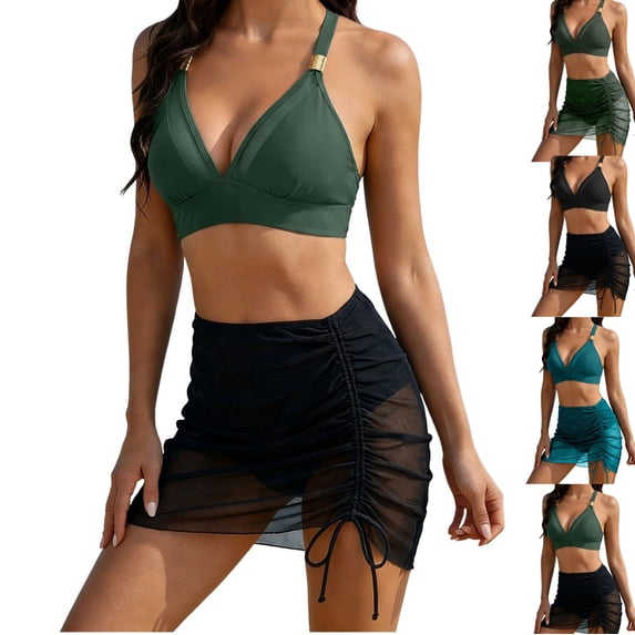 LEKWK 3 Piece Swimsuits for Women Bikini Set with Sheer Mesh Skirt Cover Up High Waisted Bathing Suit Ruched Drawstring Summer Beach Party Outfits