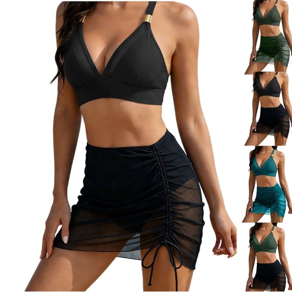 LEKWK 3 Piece Swimsuits for Women Bikini Set with Sheer Mesh Skirt Cover Up High Waisted Bathing Suit Ruched Drawstring Summer Beach Party Outfits