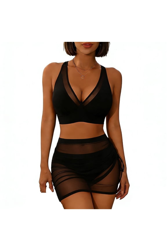 3 Piece Swimsuits for Women Mesh Sheer Skirt Cover Up Bikini Set Deep V Neck Bathing Suit High Waisted Tummy Control Summer Beach Party Outfits