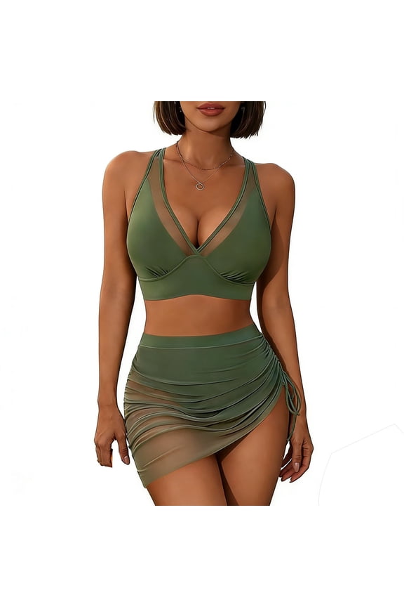 3 Piece Swimsuits for Women Mesh Sheer Skirt Cover Up Bikini Set Deep V Neck Bathing Suit High Waisted Tummy Control Summer Beach Party Outfits