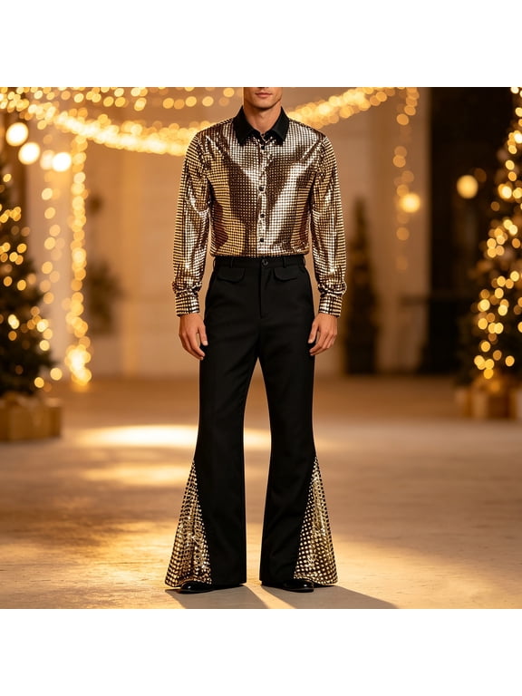 70S Disco Outfits for Men Shiny Sequin Button Down Long Sleeve Shirt and Flare Pants Matching Sets Vintage Dance Club Festival Costume