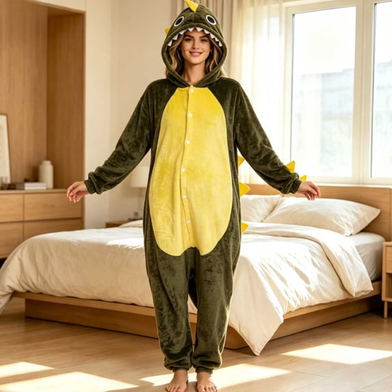 LEKWK Adult Onesie Pajamas Plush Fleece Animal Halloween Costume Sleepwear Long Sleeve Winter Warm Cozy Loungewear One Piece Nightwear Yellow L
