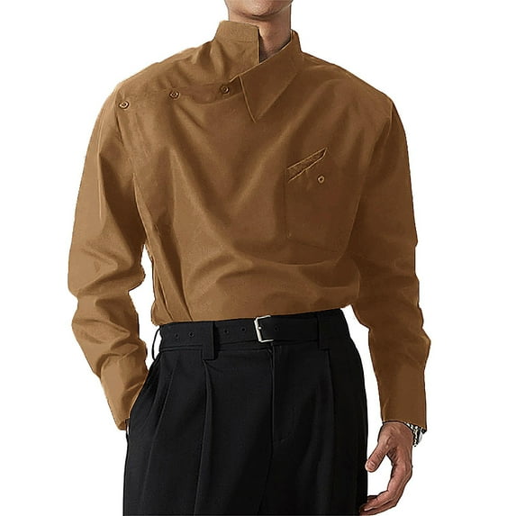 LEKWK Asymmetrical Shirt for Men High Neck Button Down Top Irregular Design Long Sleeve Avant Garde Fashion Party Blouse