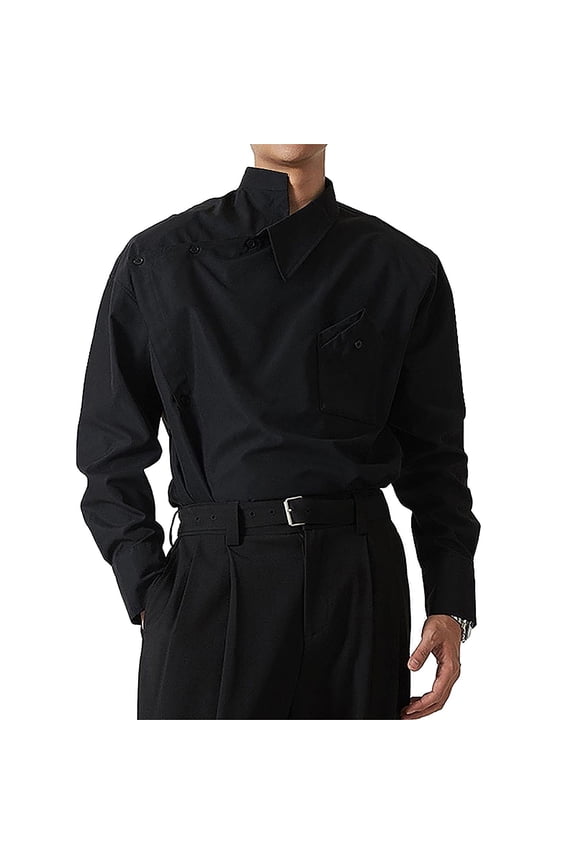 Asymmetrical Shirt for Men High Neck Button Down Top Irregular Design Long Sleeve Avant Garde Fashion Party Blouse