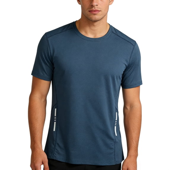 LEKWK Athletic Shirts for Men Quick Dry Crew Neck Running Shirts Reflective Strip Mesh Short Sleeve Gym Shirts Breathable Workout Top