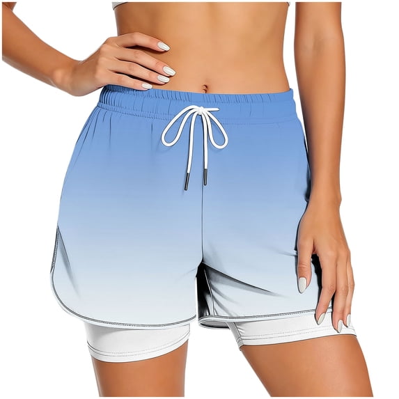 LEKWK Athletic Shorts for Women with Liner High Waisted Drawstring Gradient Swim Trunks Loose Fit Casual Workout Shorts for Gym Yoga Running