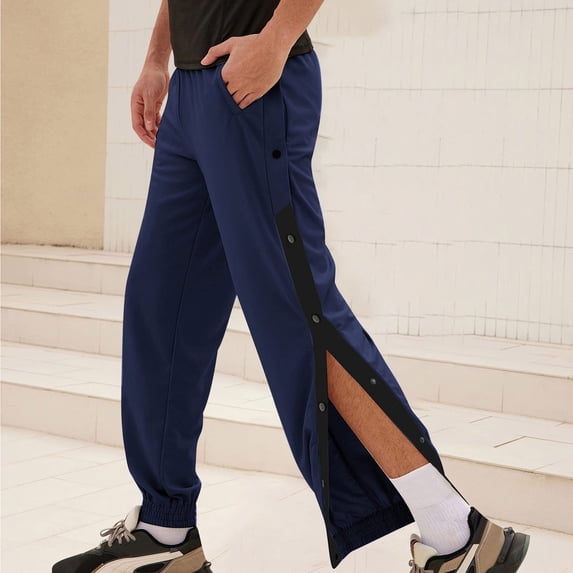 LEKWK Athletic Tear Away Pants for Men Side Snap Button Track Trousers Loose Fit Basketball Sweatpants Elastic Waist Warm Up Joggers for Gym Workout Training Navy XXXL