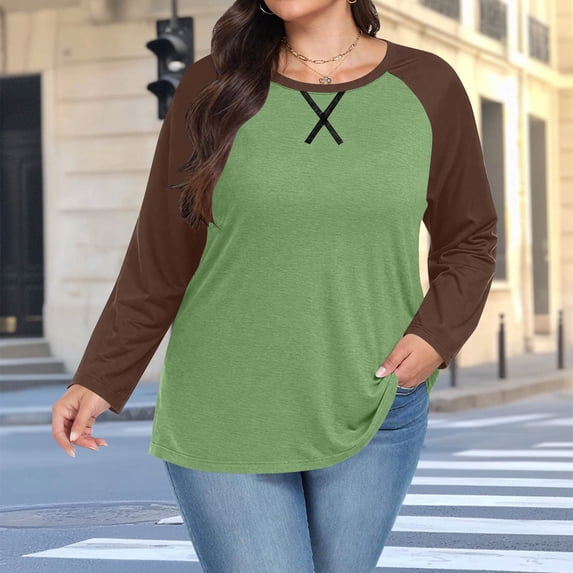 LEKWK Athletic Tops for Women Regular Fit Crew Neck Long Sleeve Shirts Regular Fit Brown Raglan Sleeve Athletic Shirts & Tees Contrast Baseball Style WorkoutTraining Outfits