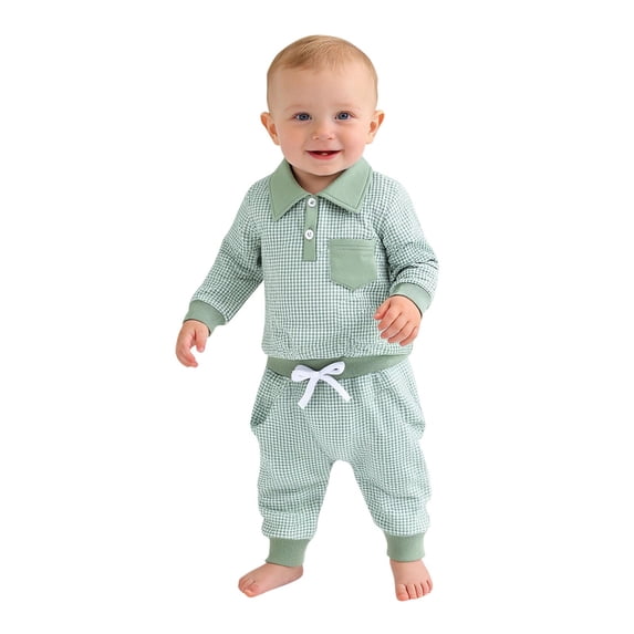LEKWK Baby Boys Gentleman Outfit Long Sleeve Collar Sweatshirt and Drawstring Pants Houndstooth Print Soft Cotton Casual Playwear