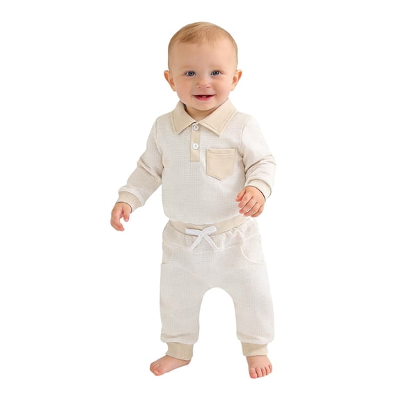 LEKWK Baby Boys Gentleman Outfit Long Sleeve Collar Sweatshirt and Drawstring Pants Houndstooth Print Soft Cotton Casual Playwear