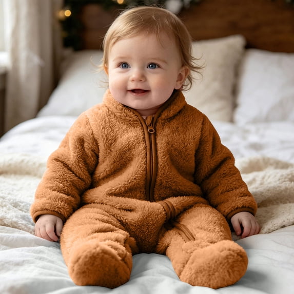 LEKWK Baby Fleece Lined Thickened Romper Long Sleeve Stand Collar Zipper Jumpsuit Baby Warm Sleepwear Fall Winter Infant Onesie Daily Crawling Outfit 3-18M