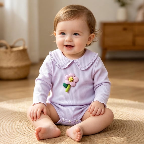 LEKWK Baby Girl Bodysuit 3D Floral Ruffle Long Sleeve Peter Pan Frill Neck Romper Newborn Infant Cute Onesie Fall Sleep Daily Crawling Loungewear 0-18M