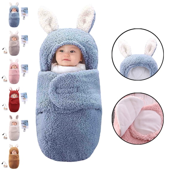 LEKWK Baby Swaddle Blanket with Hood Warm Baby Thermal Sleeping Sack 3D Cartoon Rabbit Ear Cute Loungewear Newborn Winter Thermal Receiving Blanket 0-6M