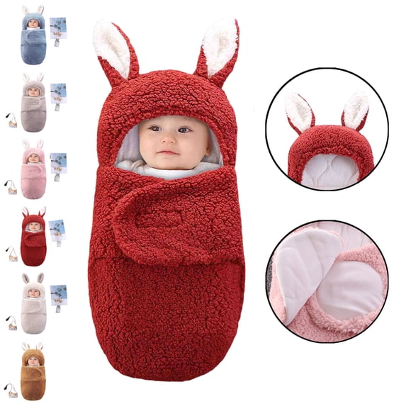 LEKWK Baby Swaddle Blanket with Hood Warm Baby Thermal Sleeping Sack 3D Cartoon Rabbit Ear Cute Loungewear Newborn Winter Thermal Receiving Blanket 0-6M