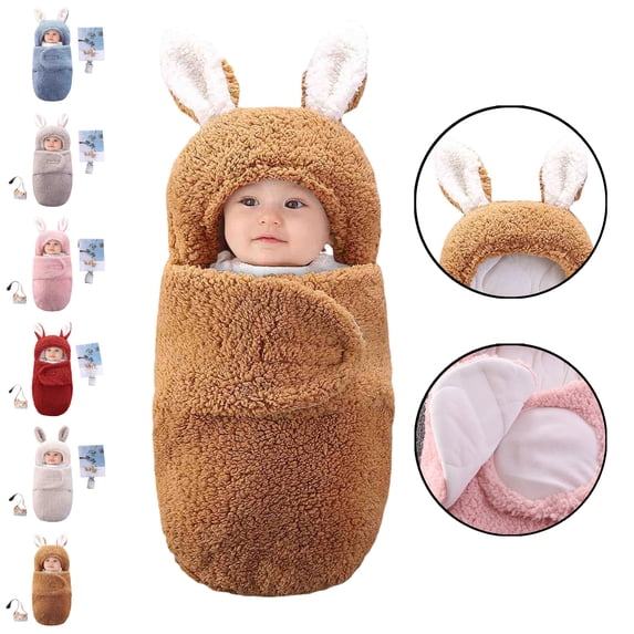 LEKWK Baby Swaddle Blanket with Hood Warm Baby Thermal Sleeping Sack 3D Cartoon Rabbit Ear Cute Loungewear Newborn Winter Thermal Receiving Blanket 0-6M