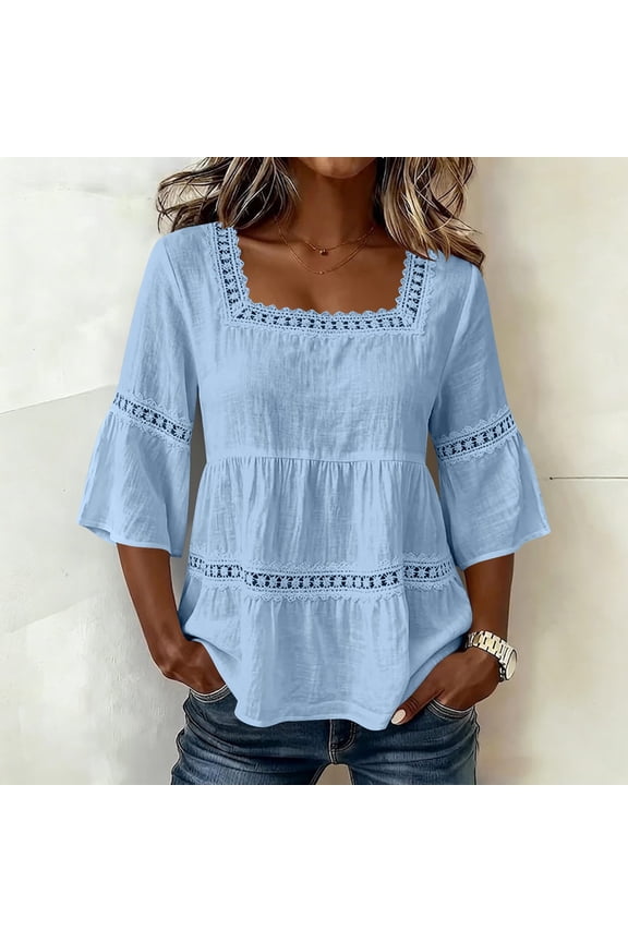 Babydoll Tops for Women 3/4 Sleeve Square Neck Peplum Linen Shirts Loose Fit Lace Patchwork Ruffle Flowy Shirts Summer Beach Vacation Daily Outfits