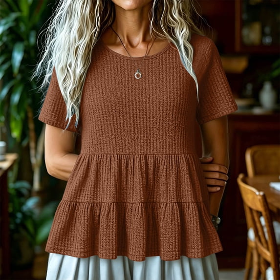 LEKWK Babydoll Tops for Women Short Sleeve Crewneck Casual Peplum Tops Lightweight Loose Fit Solid Cute T Shirts Summer Fashion Beach Vacation Daily Outfits