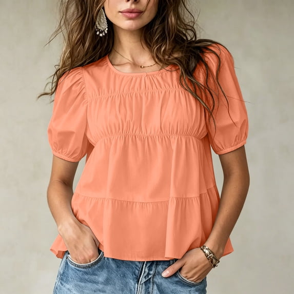 LEKWK Babydoll Tops for Women Puff Short Sleeve Cute Peplum Tops Pleated Casual Loose Fit Flowy Blouses Summer Beach Vacation Going Out Outfits