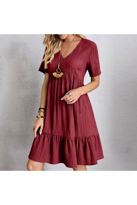 Babydolled Dress for Women Short Sleeve V Neck Tiered Ruffle Mini Dress Loose Fit Tunic Dress Textured Summer Beach Vacation Cute Maternity Wear