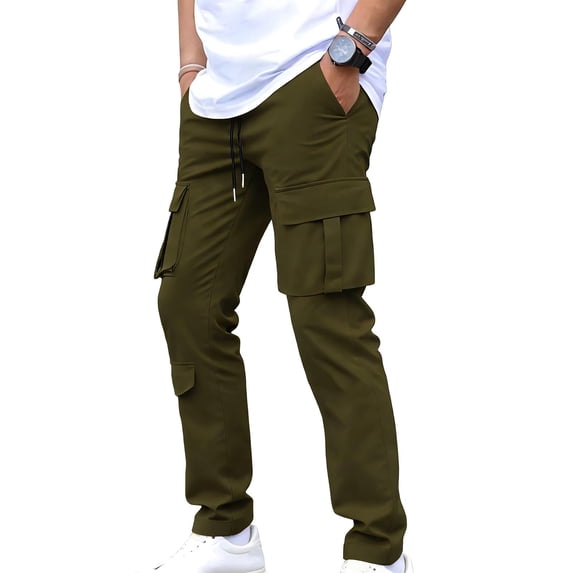LEKWK Baggy Cargo Pants Men Slim Fit Durable Workwear Fabric Multi Pocket Detail Cargo Work Pants Adjustable Drawstring Elastic Waist Work Pants Outfits