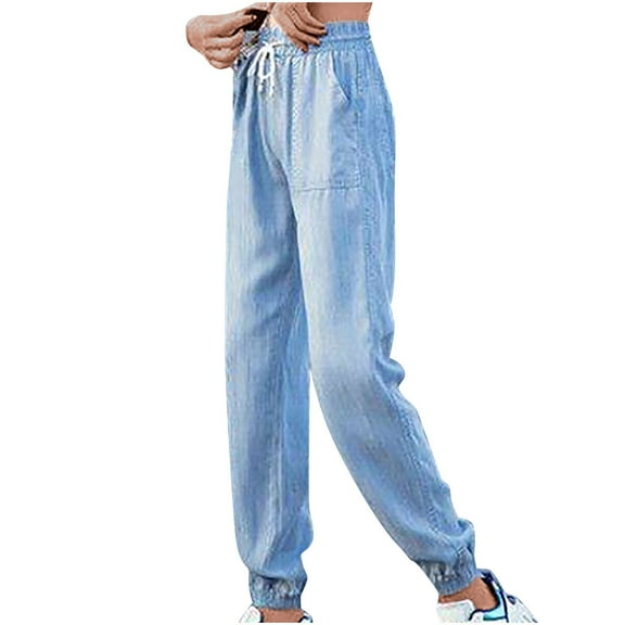 LEKWK Baggy Joggers for Women Fashion Elastic Waist Drawstring Denim Jeans Casual Y2K Pants Streetwear