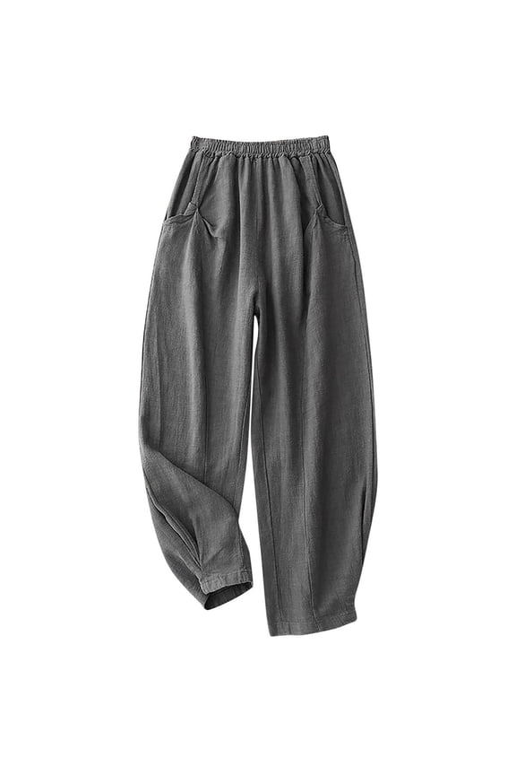 Balloon Pants Women Elastic High Waist Comfy Trousers Breathable Linen Solid Wide Leg Pants with Pockets Baggy Summer Loungewear