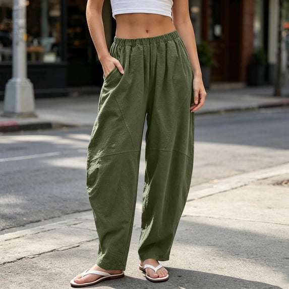 LEKWK Barrel Pants Women High Elastic Waisted Casual Capri Pants Loose Fit Casual Wide Leg Trousers with Pockets Beach Vacation Fashion Clothing