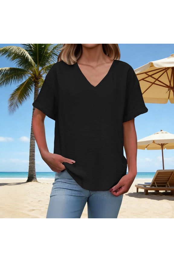 Basic Tees for Women Regular Fit V-Neck Short Sleeve Tops Rolled Sleeve Casual Tops Solid Slub Knit Texture Daily Lounge Wear