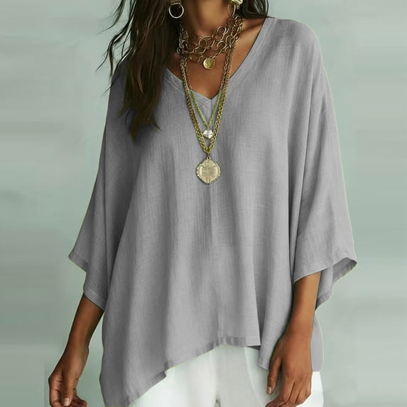 LEKWK Batwing 3/4 Sleeve Tops for Women V Neck Asymmetric Hem Linen Shirts Lightweight Loose Lounge Tunic Tops Fall Fashion Casual Going Out Shirts