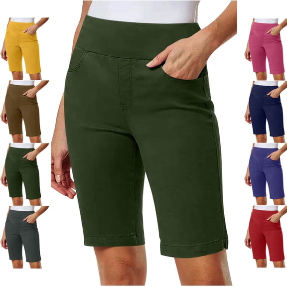 LEKWK Bermuda Shorts for Women High Waisted Knee Length Long Shorts Stretchy Slim Fit Yoga Shorts with Pockets for Summer Workout Walking Golf Running