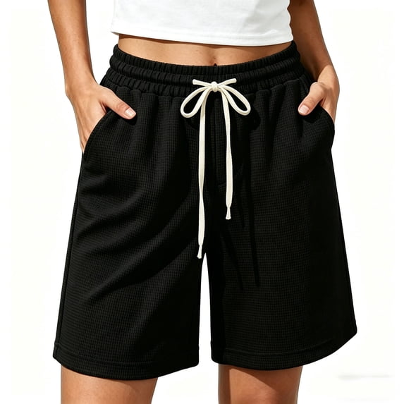 LEKWK Bermuda Shorts for Women Knee Length Plus Size Elastic Waist Drawstring Bottoms Loose Fit Solid Comfy Shorts with Pockets Summer Fashion Daily Wear