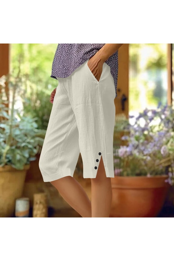 Bermuda Shorts for Women with Pockets Lightweight Pull on Mid Rise Linen Shorts Side Button Slit Relaxed Fit Knee Length Capri Pants Beach Vacation Wear Beige XXXL