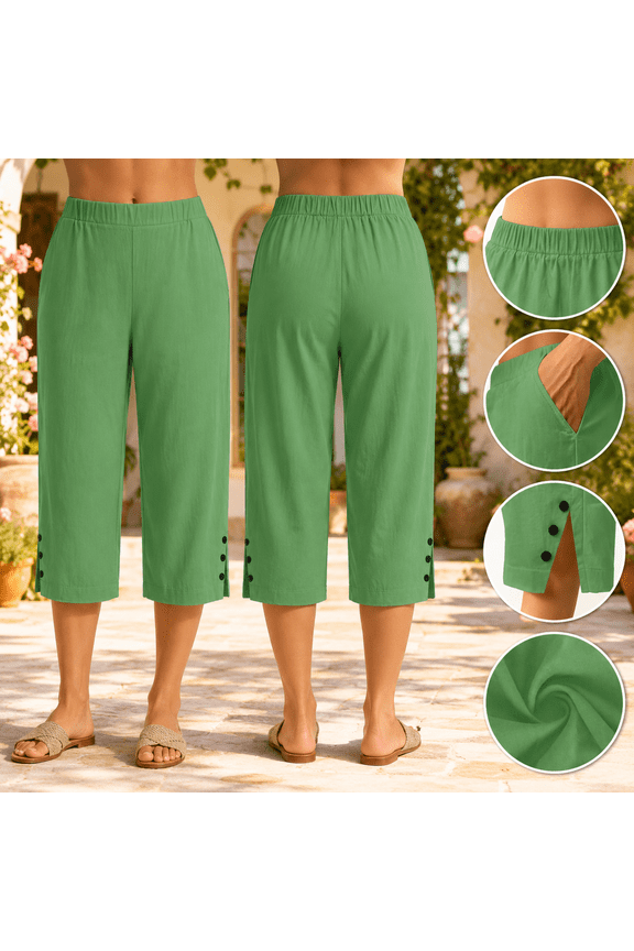 Bermuda Shorts for Women with Pockets Lightweight Pull on Mid Rise Linen Shorts Side Button Slit Relaxed Fit Knee Length Capri Pants Beach Vacation Wear Green M