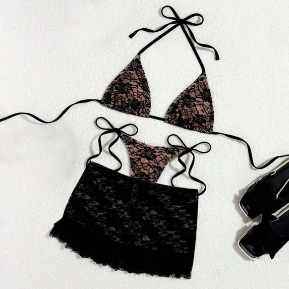 LEKWK Bikini Sets for Women Halter Lace Triangle Thong String Tie Side Bathing Suits with Ruffle Cover Up Skirt 3 Piece Swimsuits Beach Vacation Resort Wear